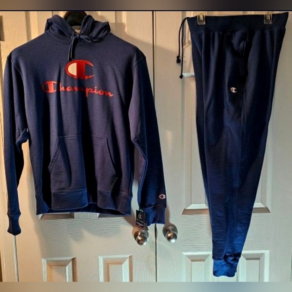 Champion Navy Blue Hoodie and Joggers Set with Red Logo